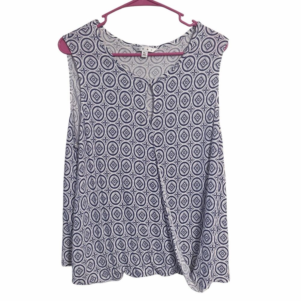 cAbi Blue and White Geometric Print Sleeveless Blouse Faux Wrap Size XL